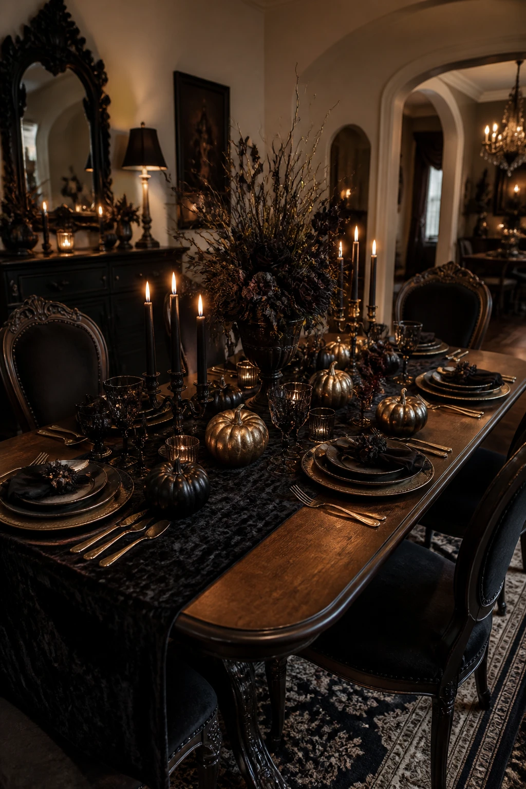 A Halloween table decor vignette set in a formal dining area with black candles, mini pumpkins, Gothic-inspired place settings, and a dark centerpiece arrangement; a velvet runner, metallic accents, and moody candlelight create an elegant yet eerie atmosphere, with a well-staged view that includes chairs and surrounding room ambiance. medium-wide environmental home decor photograph showing the complete styled scene