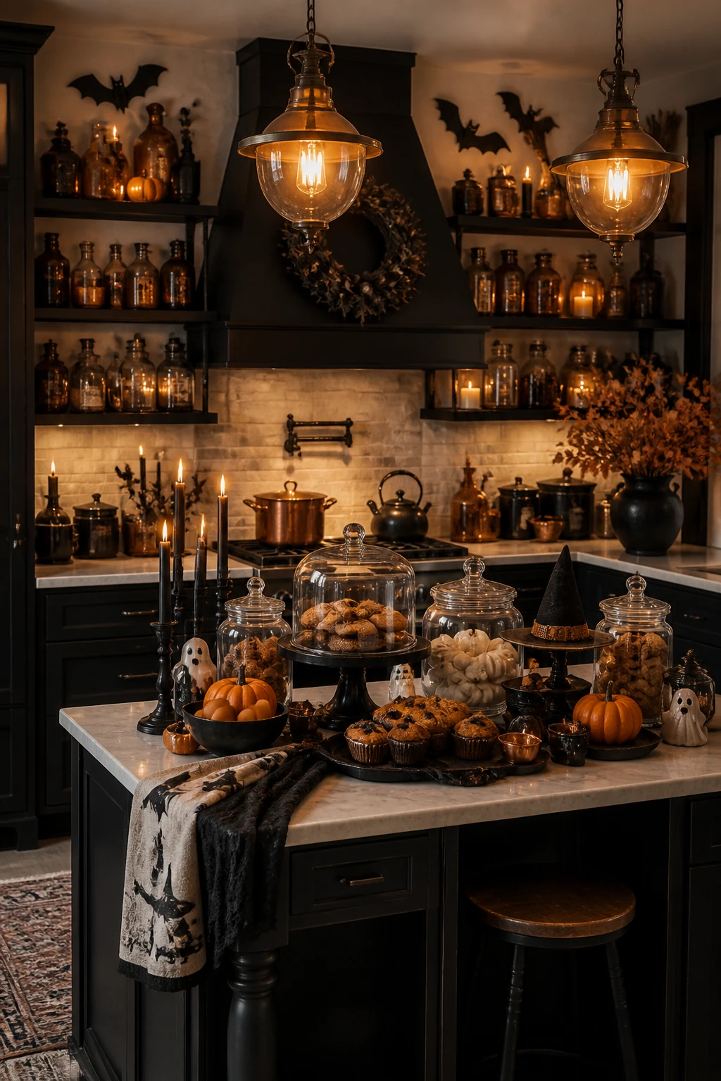 A Halloween kitchen vignette with witchy apothecary jars, black candles, mini pumpkins, bats on the upper shelves, and spooky baking decor arranged on the island; dark cabinetry contrasted with warm golden lighting from pendant fixtures; the scene includes glass jars, copper accents, and a scented baking display creating a friendly, festive, witchy mood. medium-wide environmental home decor photograph showing the complete styled scene