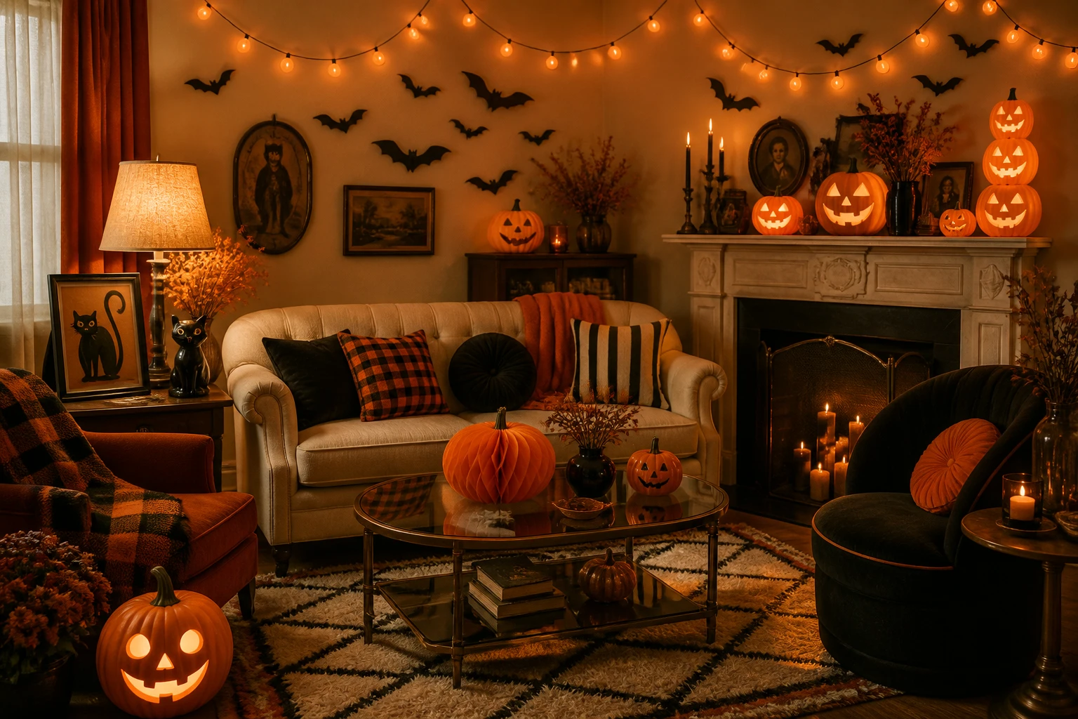 Retro Halloween decorations with vintage black cats, glowing pumpkins, paper bats, and warm orange lights