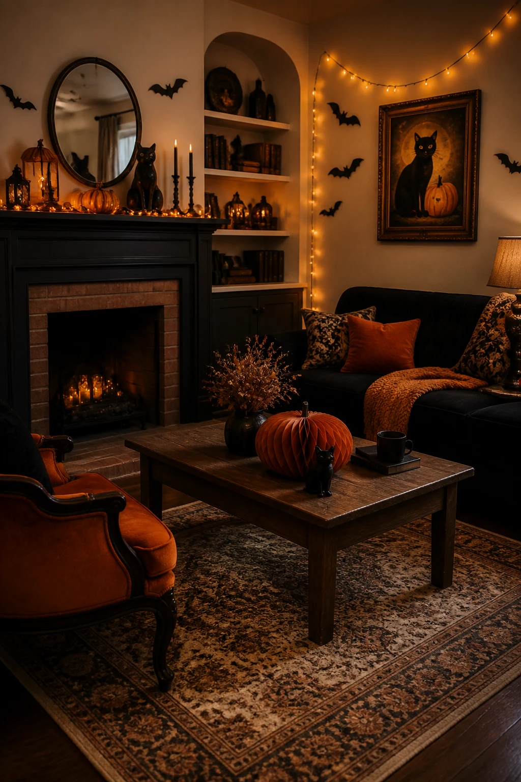 Retro Halloween living room with orange seating accents, pumpkins, black cat decor, and warm lights above the mantel