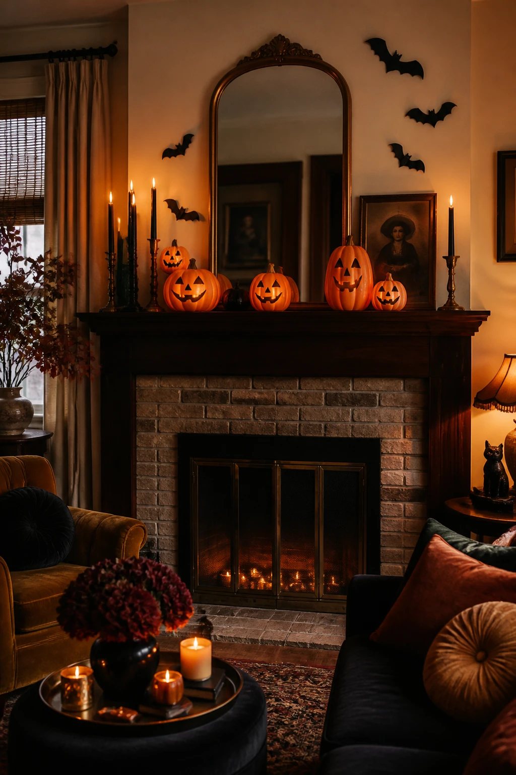 Fireplace mantel with glowing pumpkin faces, black bats, an arched mirror, and framed artwork