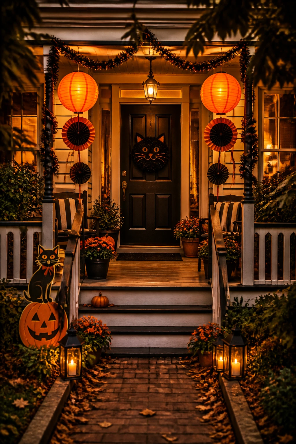 Halloween front door with orange paper lanterns, a pumpkin sign, dark garlands, and glowing lanterns