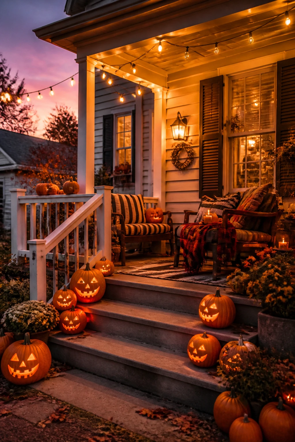 Halloween porch at twilight with glowing pumpkins on the steps, striped cushions, and warm string lights
