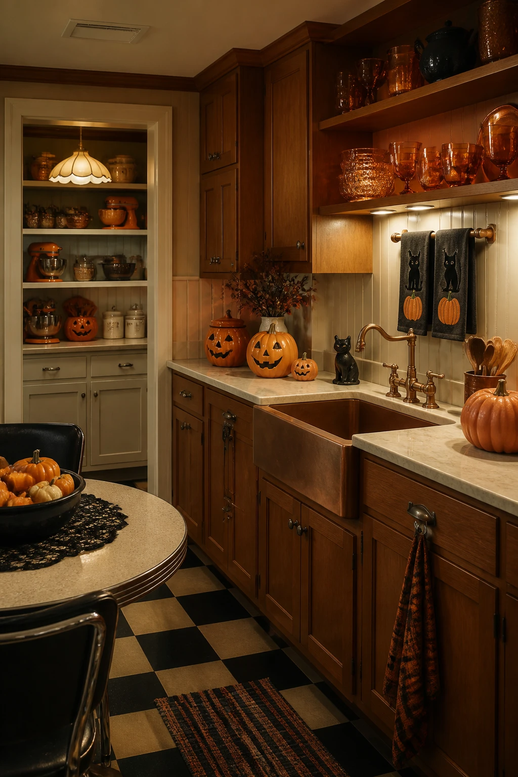 Vintage-style kitchen with pumpkin decorations, orange glassware, wooden cabinets, and a black-and-white tiled floor