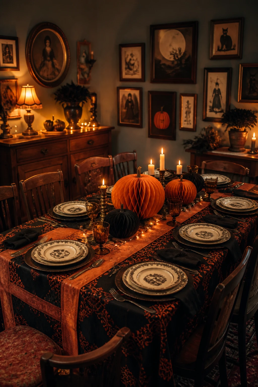 Halloween dining table with pumpkin centerpieces, patterned plates, candles, and framed seasonal artwork