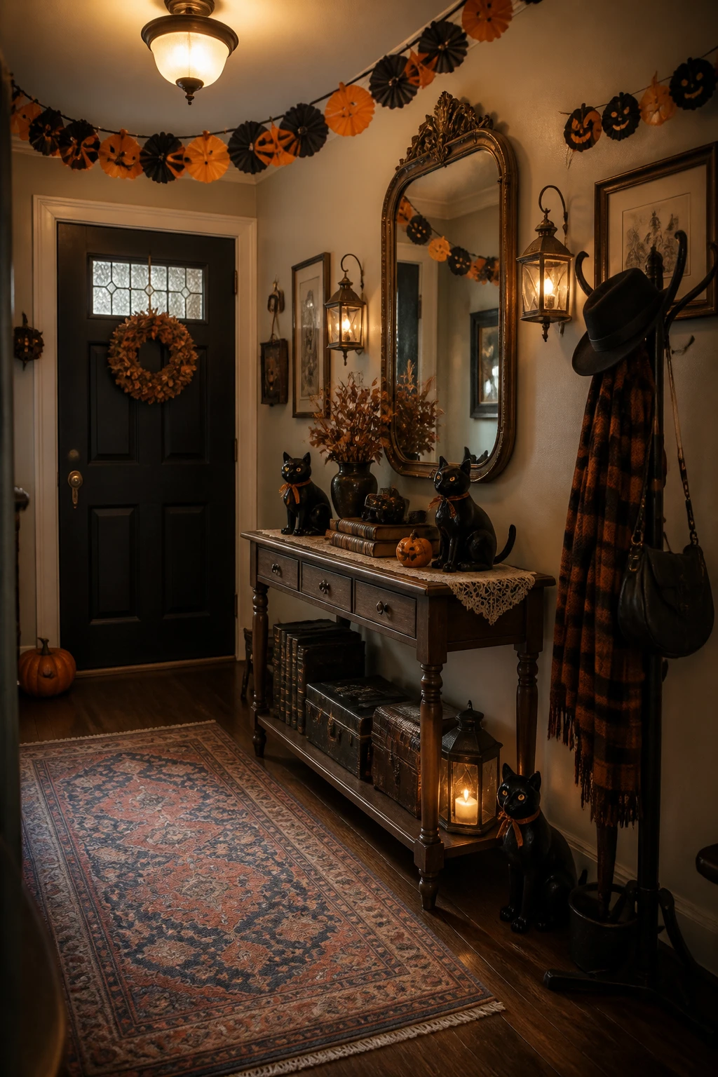 Vintage entryway with an ornate mirror, orange-and-black garland, a console table, and lanterns