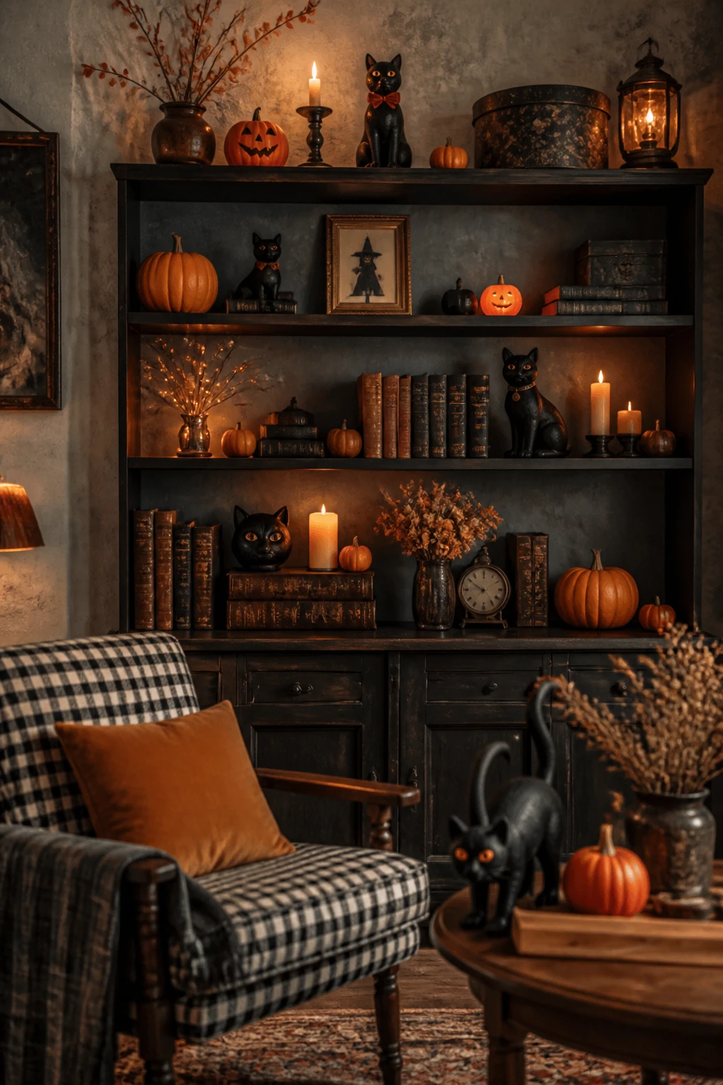 Retro shelving with pumpkins, small black cat figures, books, framed art, and a checked armchair