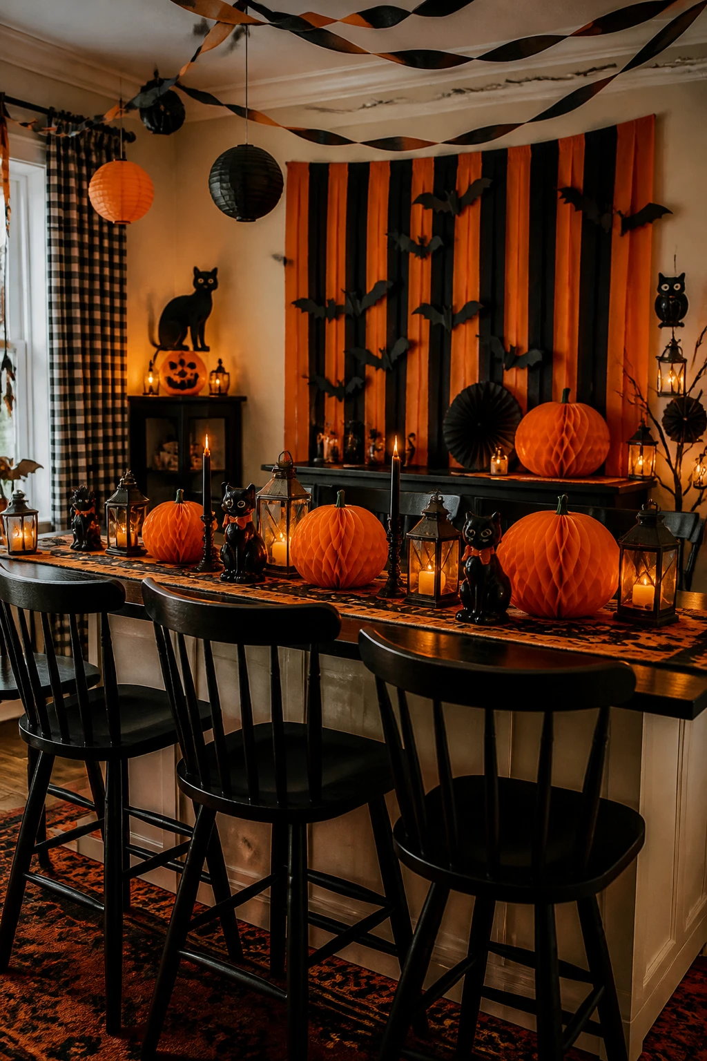 Halloween party table with paper pumpkins, orange-and-black streamers, and black bat decorations