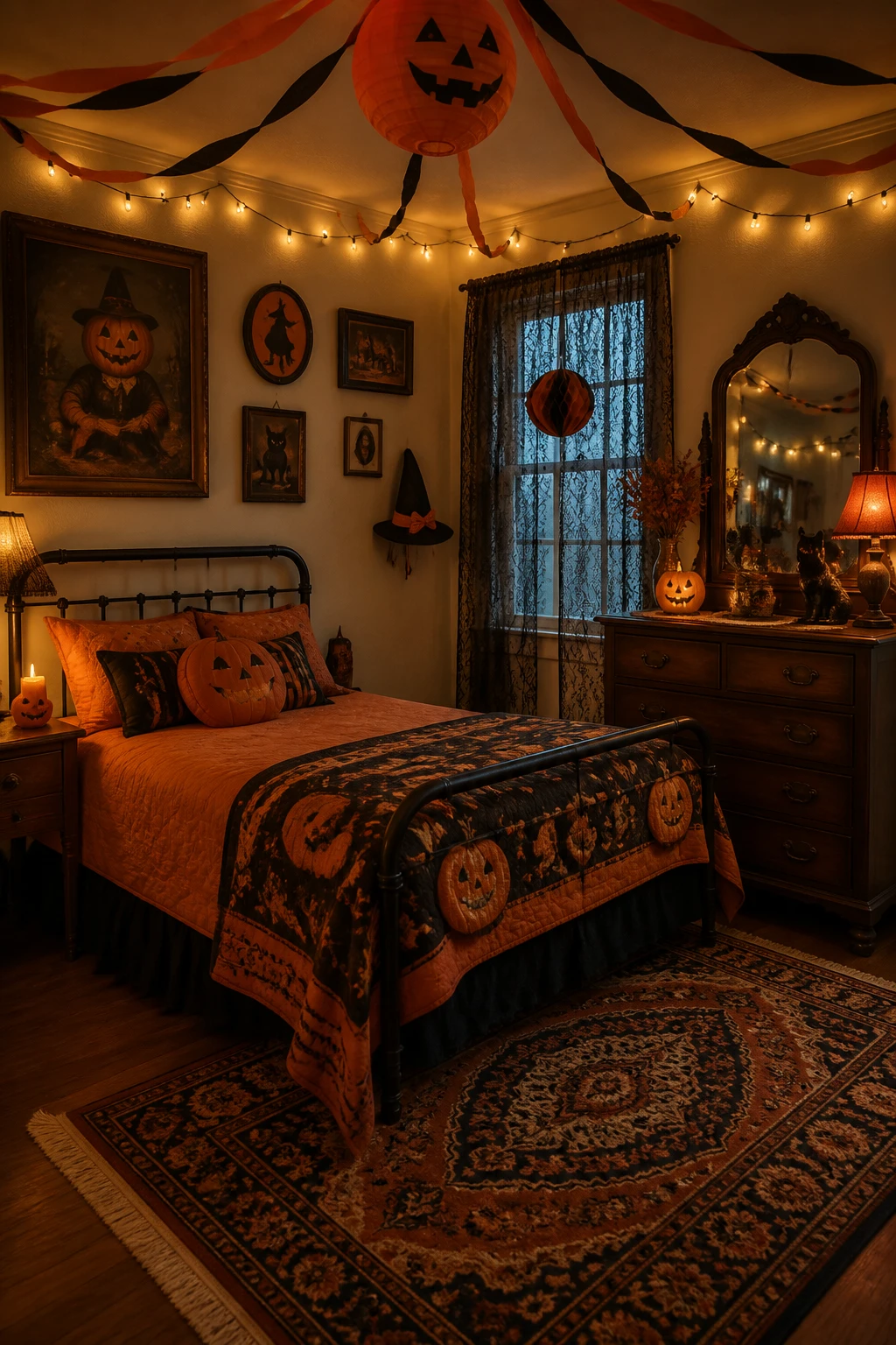 Halloween bedroom with orange bedding, patterned textiles, framed art, paper decorations, and warm string lights