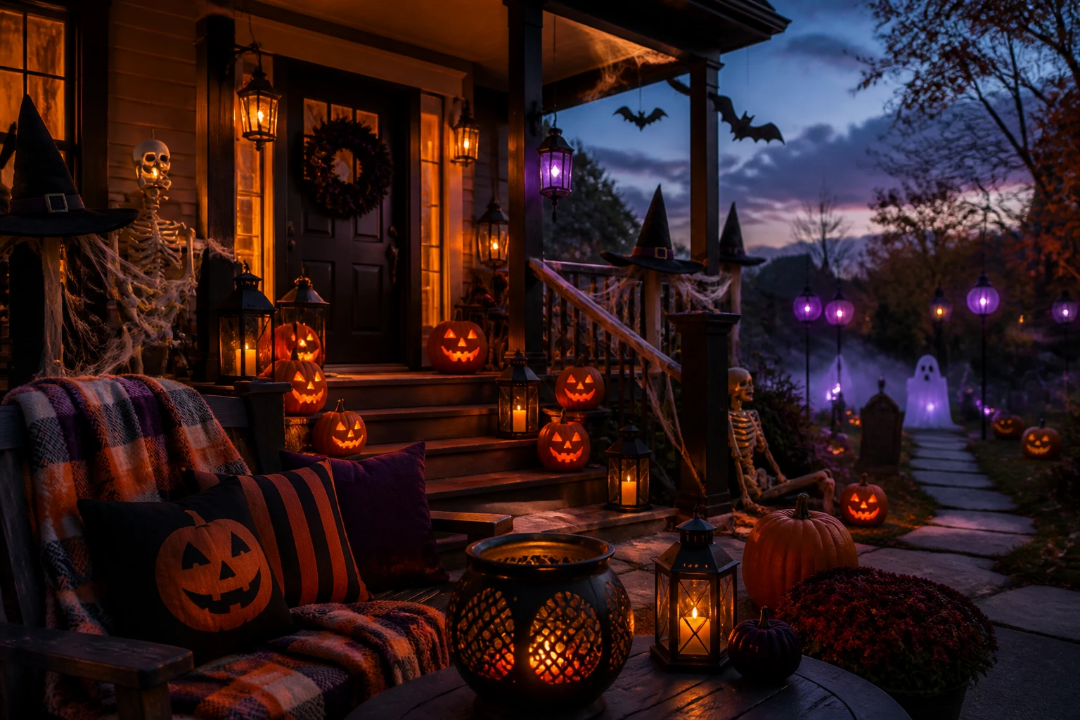 Halloween front porch decor with glowing pumpkins, black lanterns, bats, ghosts, skeletons, and warm outdoor lights