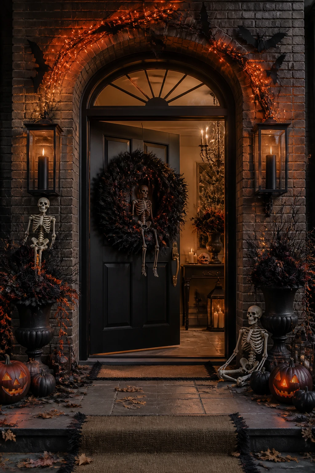 Halloween front door entry with dramatic black wreath, skeletons, bats, and orange string lights, set against a deep charcoal door and brick facade. The scene includes black candles in wall sconces, dark florals in urns, and a softly lit porch floor with burlap runners, plus a small Halloween tableau on a console table inside view through the door. 