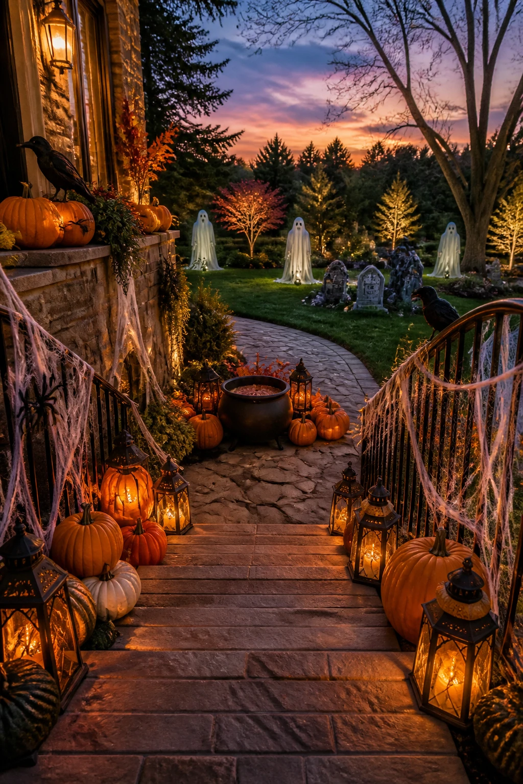 Outdoor Halloween steps decorated with pumpkins, lanterns, creepy crawlers, and spider cobwebs, leading down to a tidy yard with ghostly silhouettes and tombstone accents. The steps are lined with warm orange lanterns, a cast-iron railing, and a stone landing with a cauldron centerpiece; twilight sky and soft landscape lighting frame the scene. 