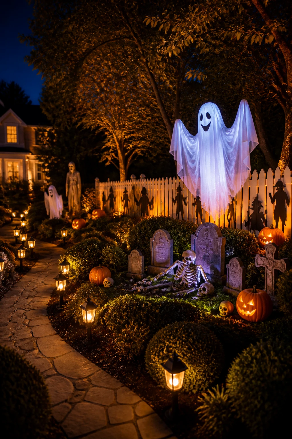 A Halloween yard scene with glowing ghosts, tombstones, skeletons, and pathway lights winding through manicured shrubbery. The focal point is a friendly ghost installation hovering above a faux tombstone plot, with orange-lit pumpkins, cast shadow silhouettes on a picket fence, and a distant house glow. 