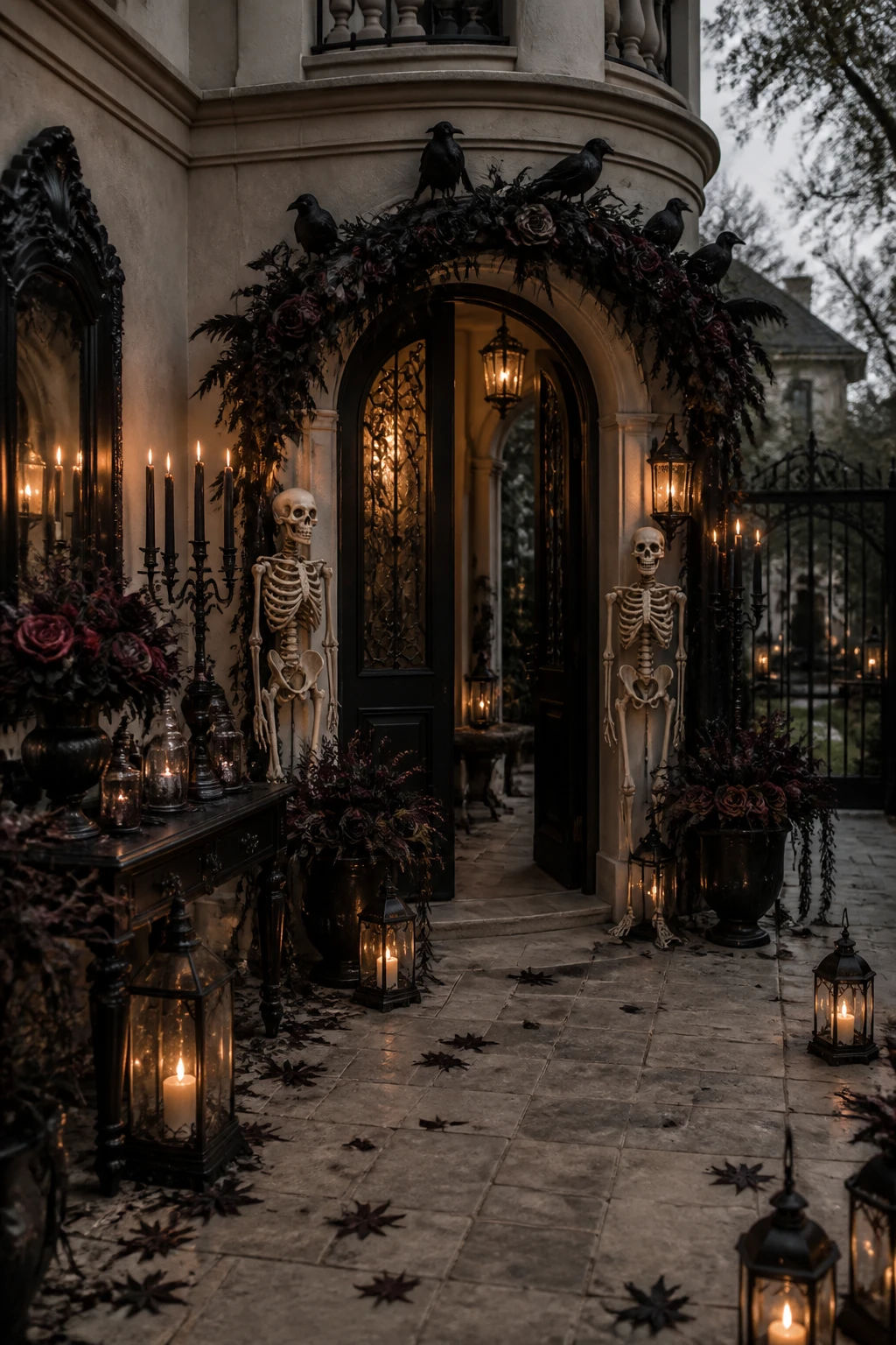 Creepy Halloween entry with skeleton greeters, black candles in candelabras, ravens perched on a garland, and dark florals arranged along an arched doorway. The entry table displays apothecary bottles and a black mirror, while a lantern-lit path leads to an iron gate. Ensure the whole entry area and surrounding architecture stay in frame. 