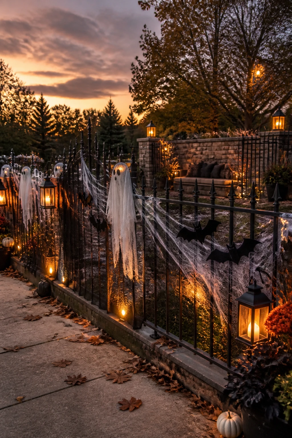 Halloween fence decor with bats, ghost figures, spiderwebs, and flickering lanterns along a wrought-iron boundary. The yard beyond reveals a low stone wall, seasonal planters, and a cozy seating nook with black pillows. 