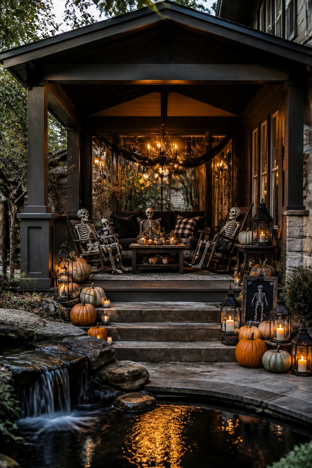 Haunted porch seating area with black pillows, plaid throws, pumpkins, skeletons, and candlelight on a shaded porch. Include a chalkboard sign with a spooky welcome, a small side table with a lantern, and a nearby flowing water feature reflecting amber light. Frame should show entire porch space with roofline and steps for scale. 