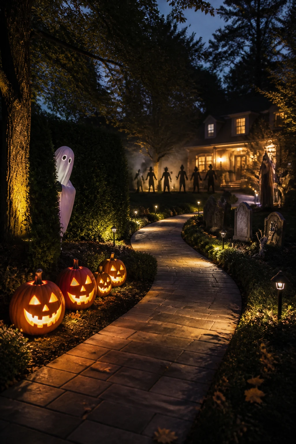 Halloween walkway with jack-o&rsquo;-lanterns, tombstones, ghost lights, and spooky silhouettes along a curved path. The scene includes soft ground lighting, low hedges, and a distant house glow, with a primary focal line of pumpkins and a ghostly figure peeking from behind a shrub. Ensure full path and surrounding landscape are visible to establish the setting.
