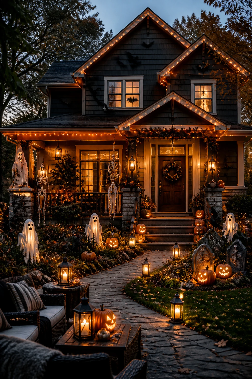 Outdoor Halloween house decorations with bats, skeletons, pumpkins, ghosts, lanterns, and warm orange string lights framing the facade. A front door wreath of dark florals sits under a lantern-lit porch, while a garden bed features tombstones and ghost lanterns; a cozy seating area glows in the foreground. 