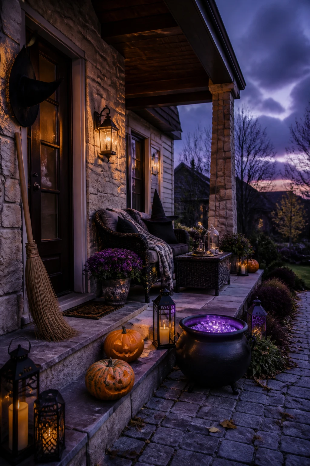 Witchy porch at dusk featuring hanging broom decorations, floating witch hats, a bubbling cauldron, and purple string lights. Include a wicker seating area with plaid throws and black pillows, a weathered bench, and a stone portico with dark florals and lanterns casting moody highlights. foreground, middle ground, and background elements all visible. 