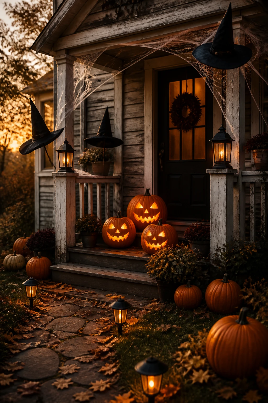 Halloween front porch decor with glowing pumpkins, black lanterns, bats, ghosts, skeletons, and warm outdoor lights