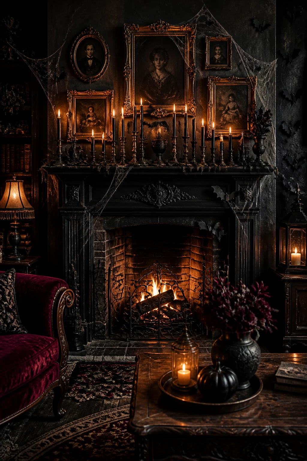 Gothic fireplace mantel with black taper candles, cobwebs, paper bats, and antique frames