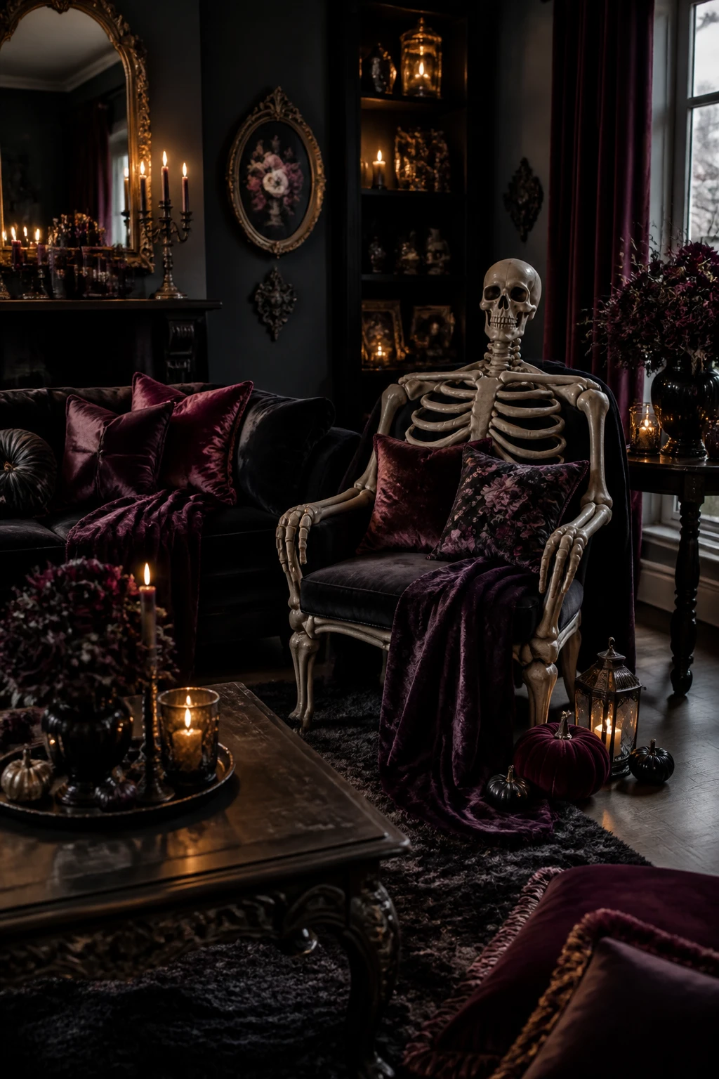Haunted living room with a skeleton seated in an armchair, dark florals, pumpkins, and moody candlelight