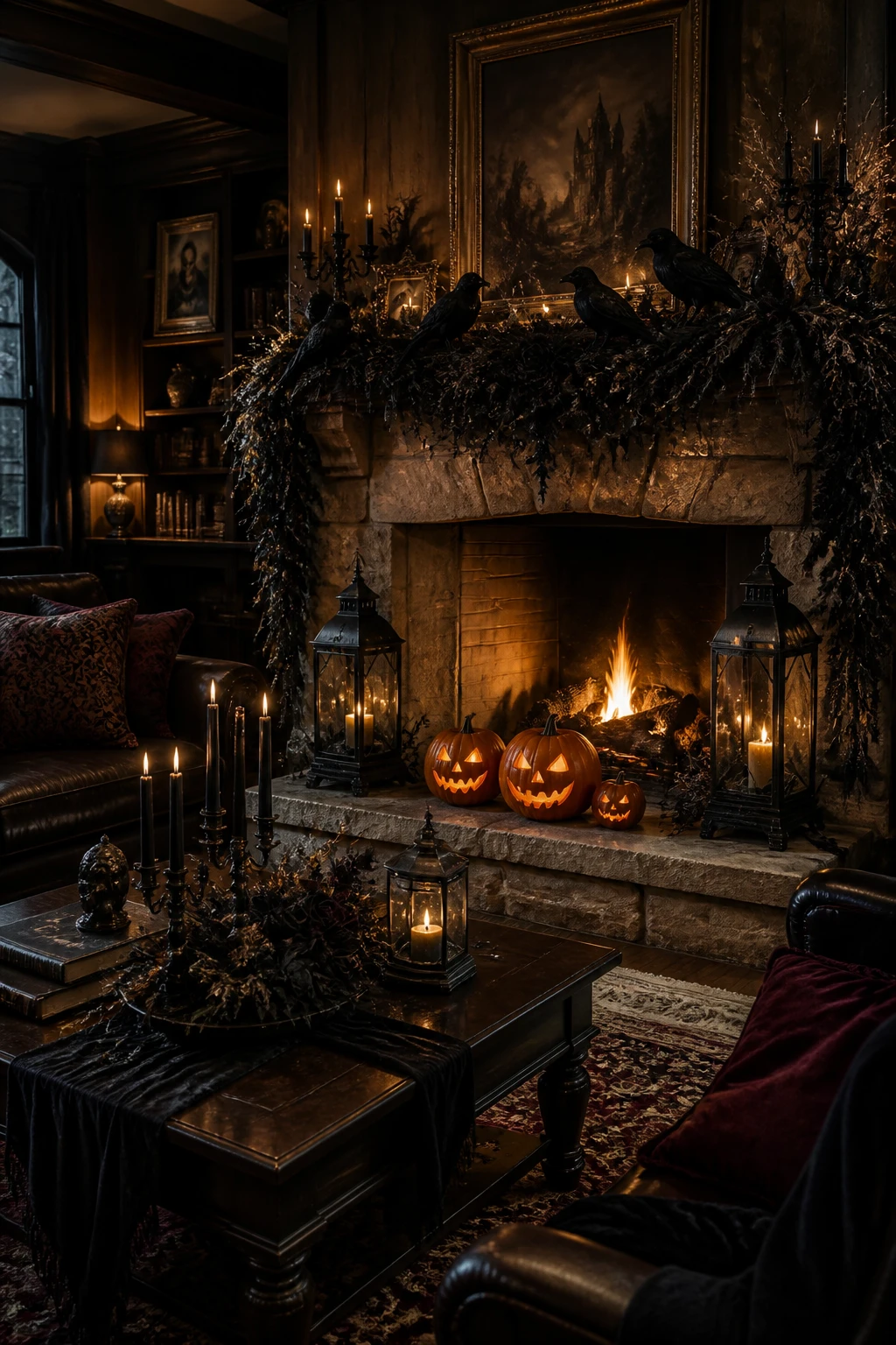 Spooky fireplace with glowing jack-o&rsquo;-lanterns, ravens, black garland, and flickering lanterns