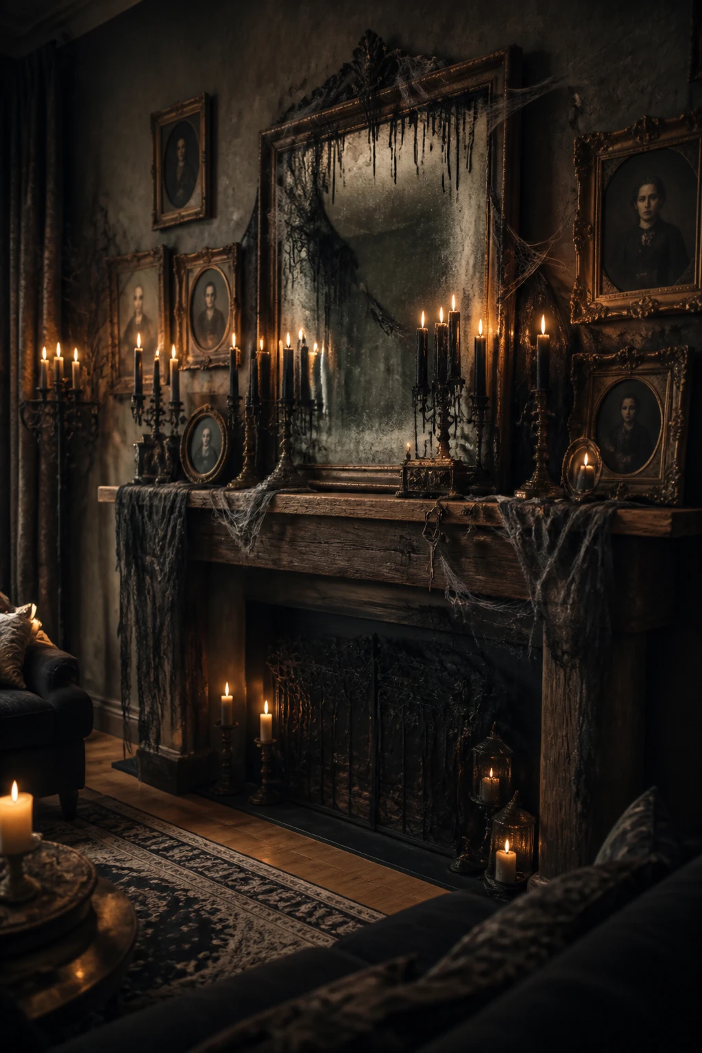 Creepy Halloween mantel with a haunted mirror, dripping black candles, spiderwebs, and vintage portraits