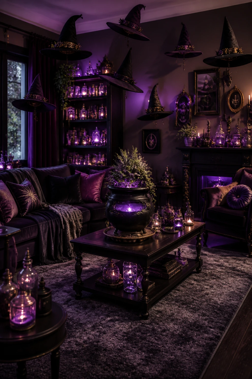 Witchy living room with floating hats, cauldron decor, potion bottles, and deep purple lighting