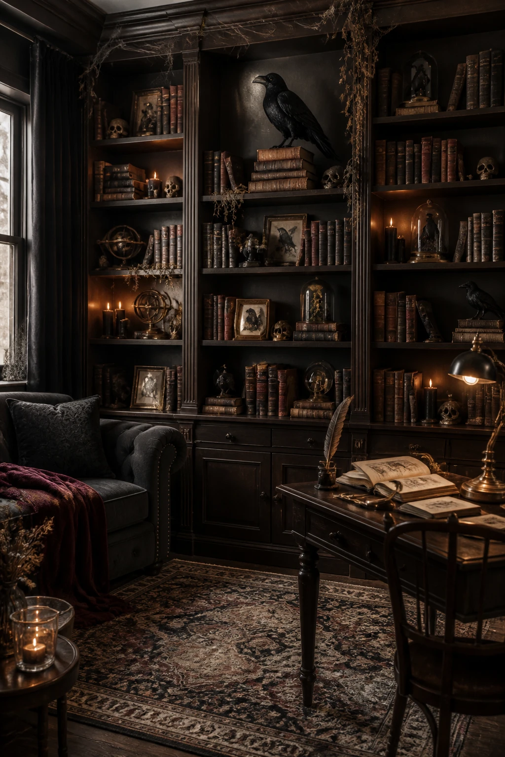 Dark Halloween bookshelf with ravens, old books, skulls, black candles, and spooky curiosities