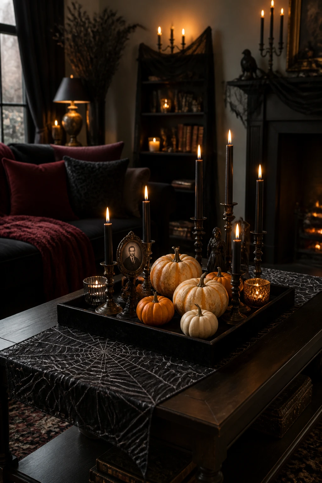 Haunted coffee table with mini pumpkins, antique candlesticks, a spiderweb runner, and Gothic decor