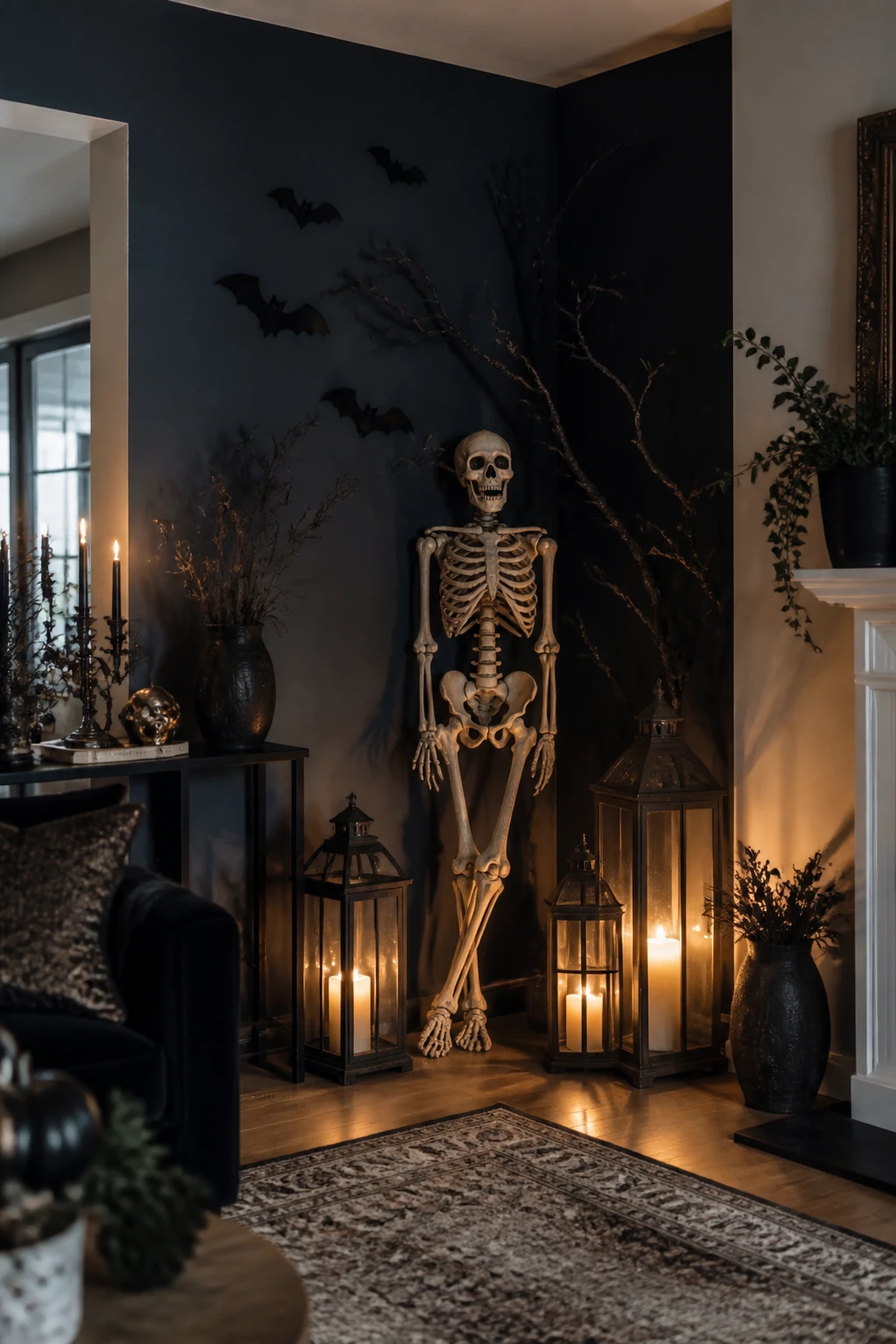 Creepy living room corner with a skeleton, tall lanterns, dark branches, and shadowy wall bats