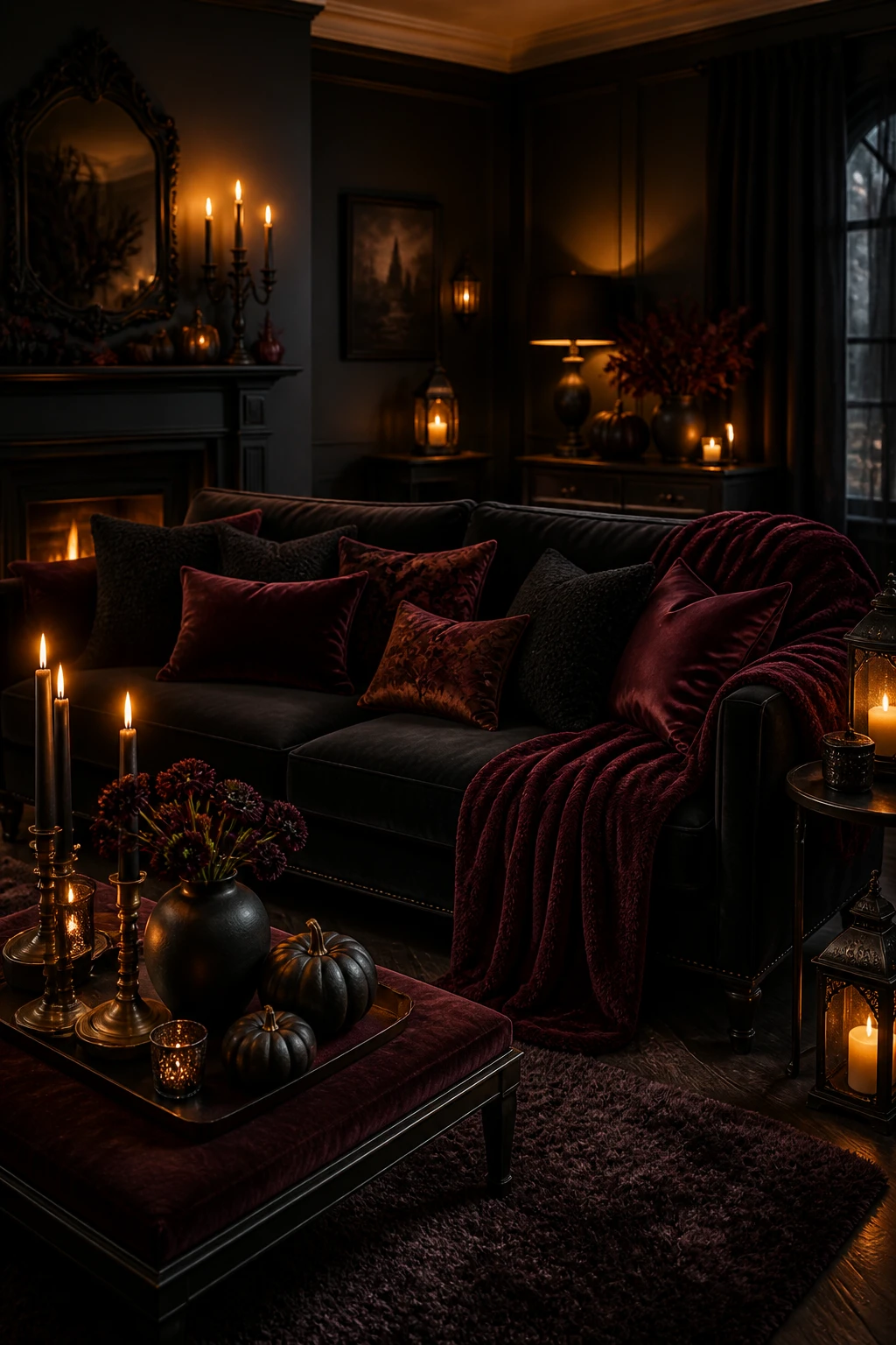 Moody Halloween sofa with black and burgundy pillows, a velvet throw, pumpkins, and candlelight