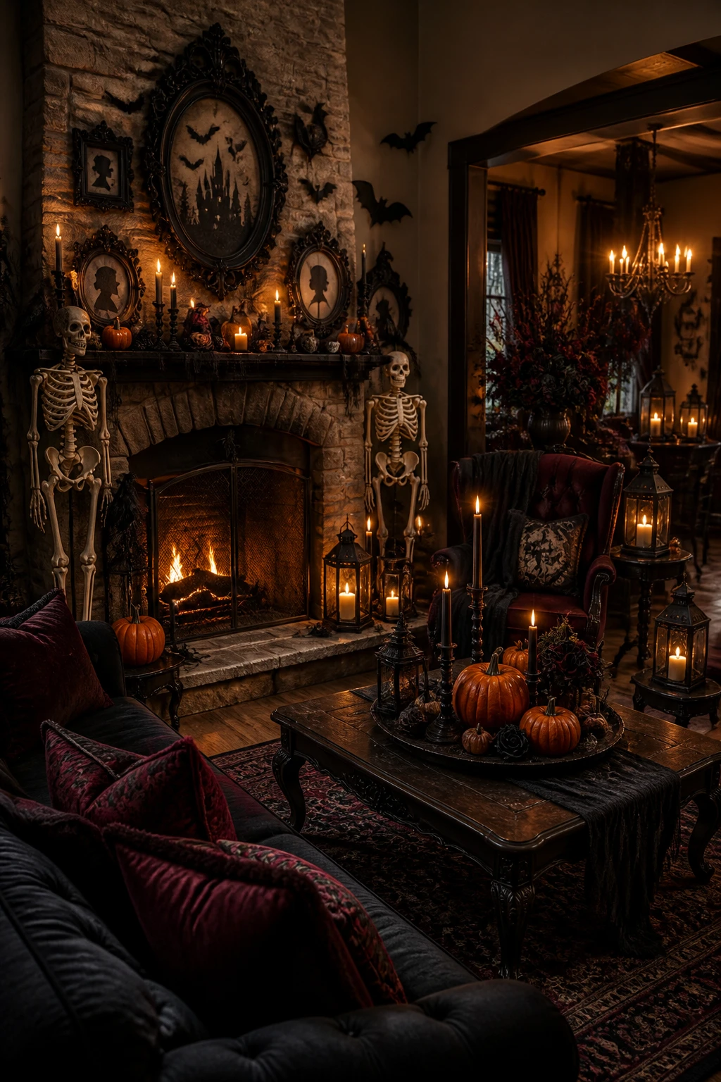 Halloween fireplace and living room with bats, skeletons, Gothic frames, black candles, and pumpkins