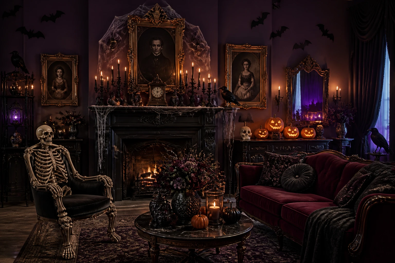 Creepy Halloween decorating ideas; mantel and living room with black candles, glowing pumpkins, bats, skeletons, and Gothic frames