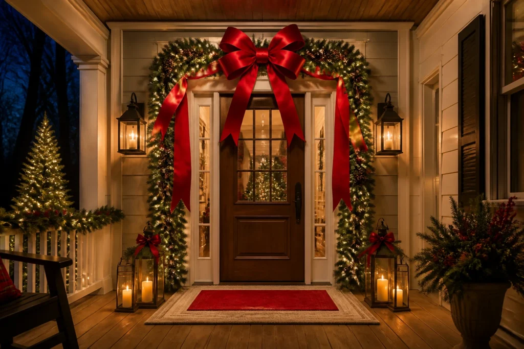 Christmas front porch with an oversized red bow, illuminated evergreen garland, lanterns, a small lit tree, and layered red and neutral doormats.