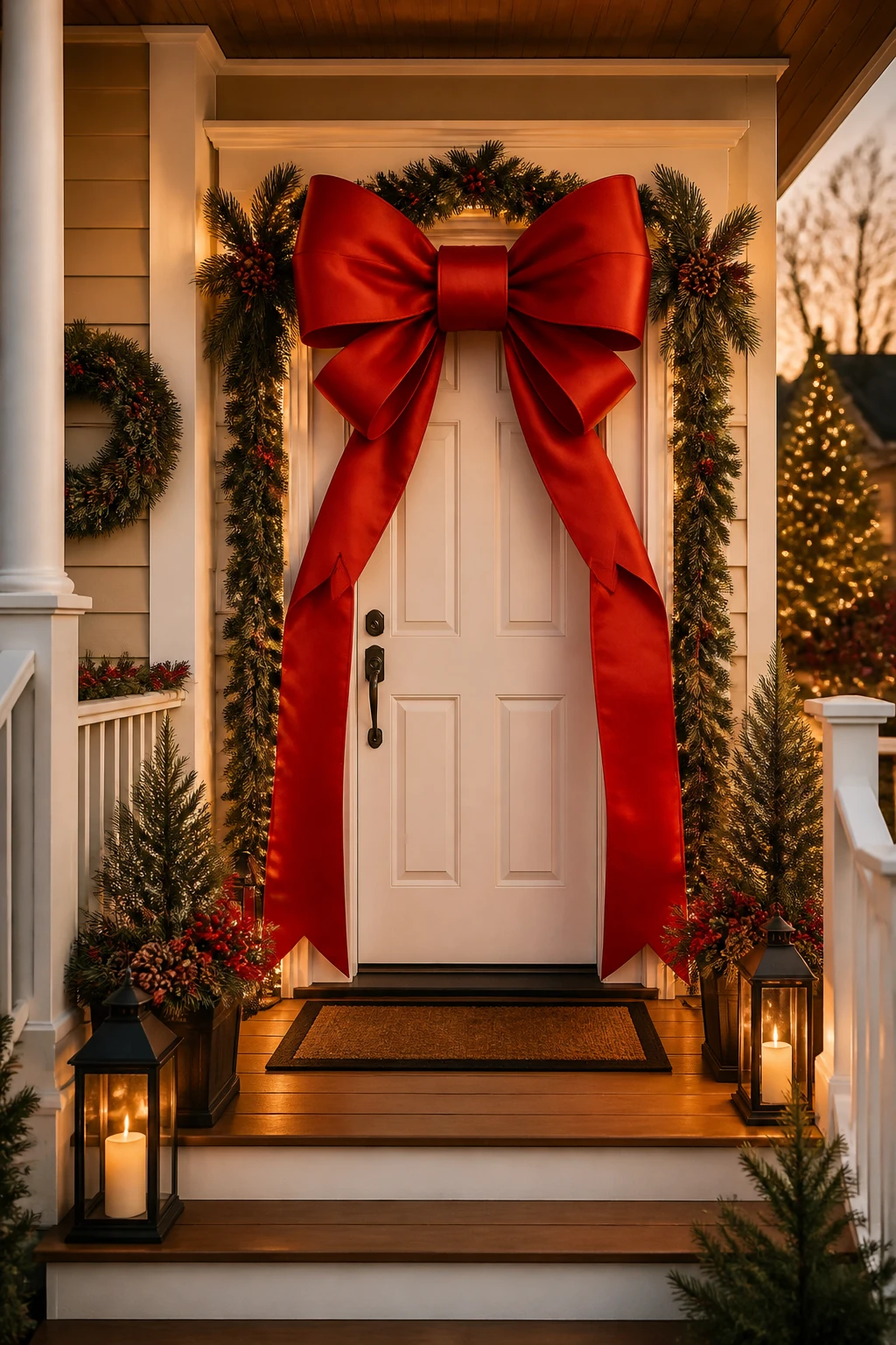 Christmas front porch decorating ideas with an oversized red bow, evergreen garland, small trees, and glowing lanterns around a white door.