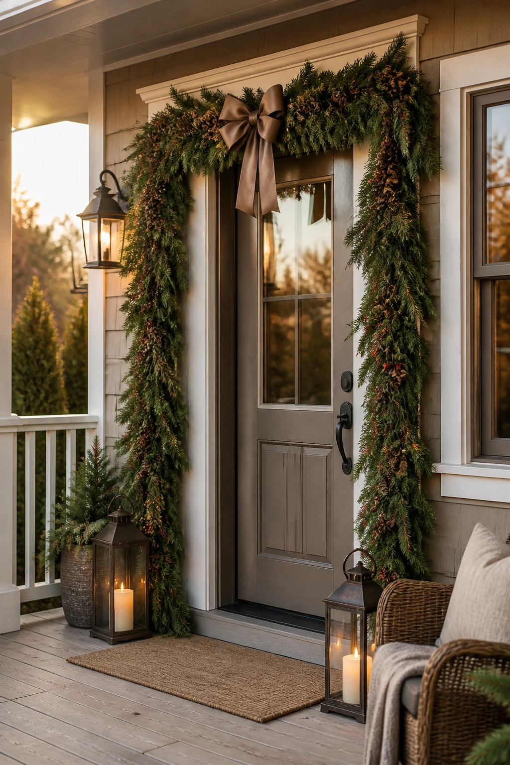 Evergreen garland around a gray front door with a neutral bow, lanterns, a doormat, and a porch chair.
