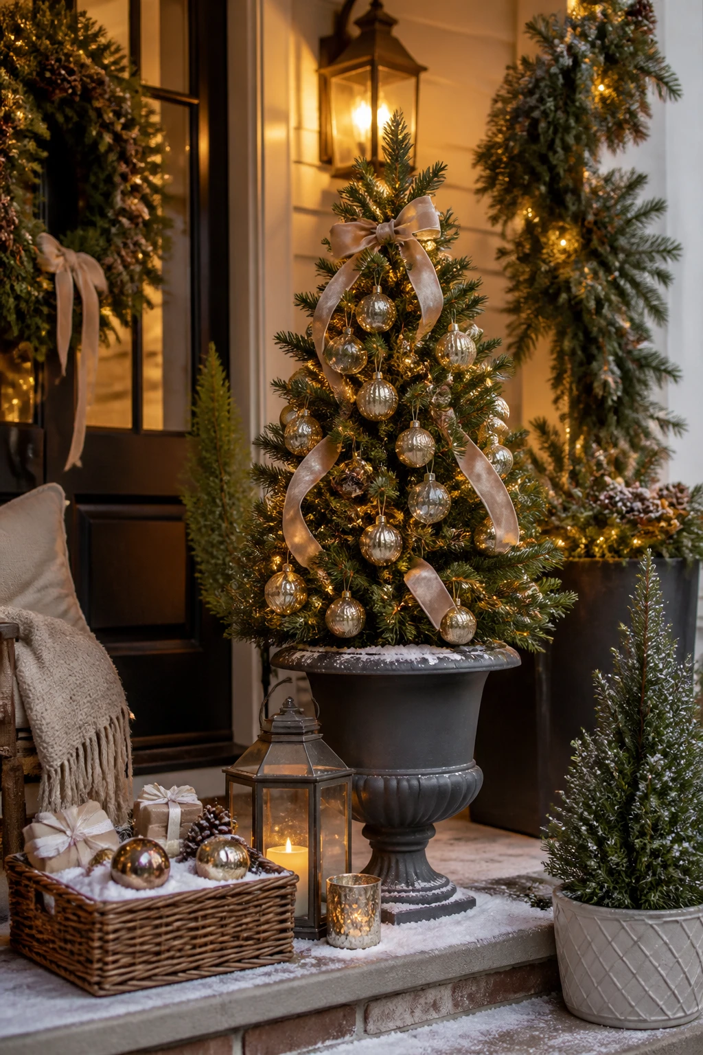 Small decorated Christmas tree in a gray urn beside lanterns, wrapped gifts, greenery, and a woven basket.