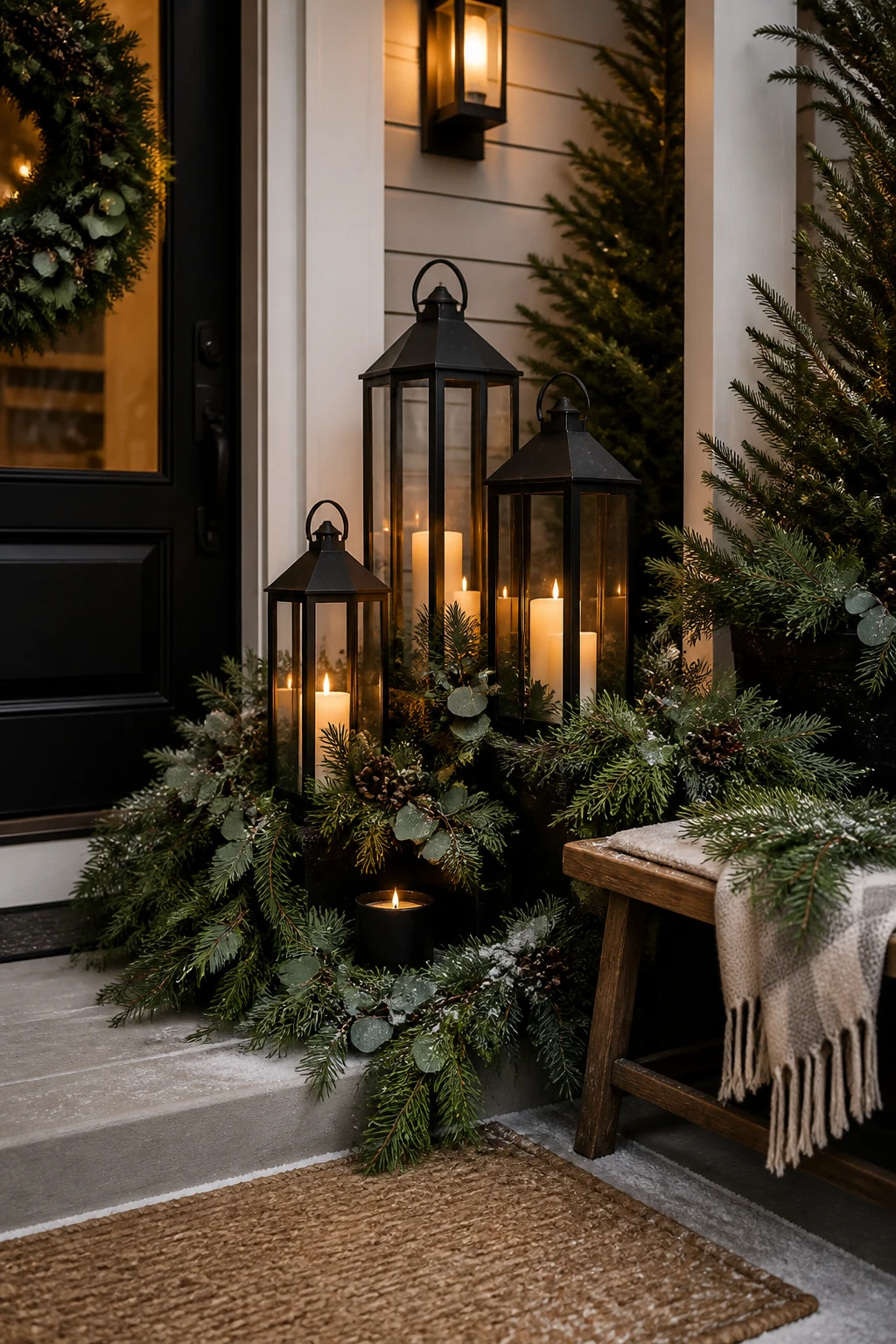 Black lanterns with candle-style lights nestled among evergreen branches beside a bench and neutral doormat.