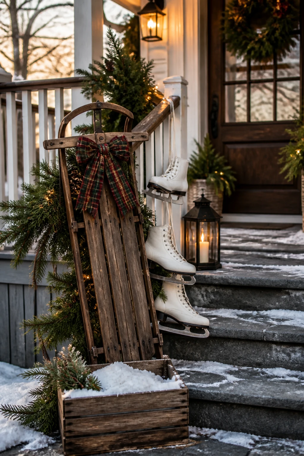 Weathered wooden sled, white ice skates, evergreen branches, a plaid bow, and a lantern beside snowy porch steps.