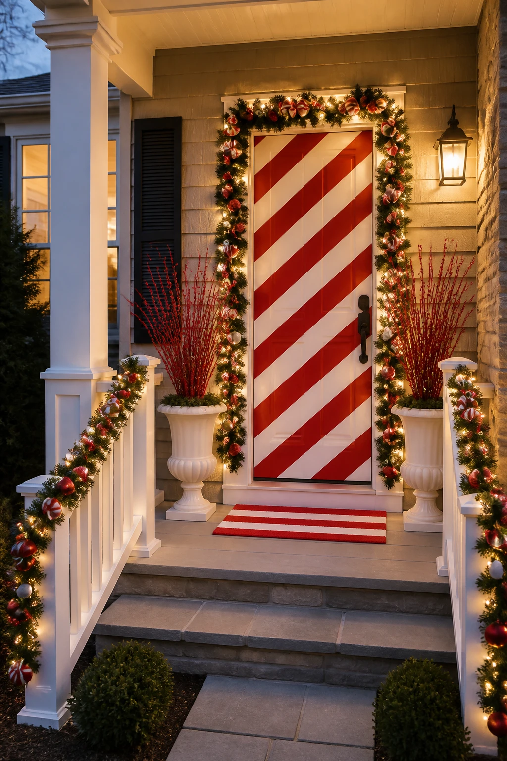 Red-and-white striped front door framed by Christmas garland with white urn planters and a matching striped mat.
