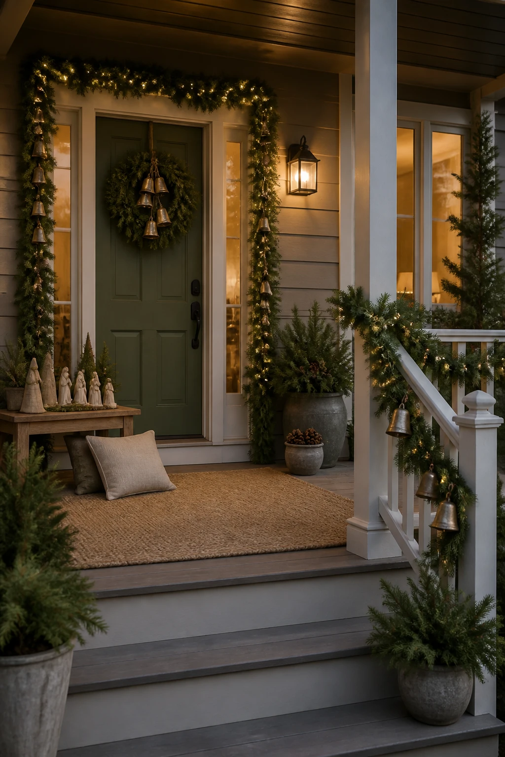 Muted green front door with a wreath, illuminated evergreen garland, a wooden bench, neutral cushion, and potted trees.