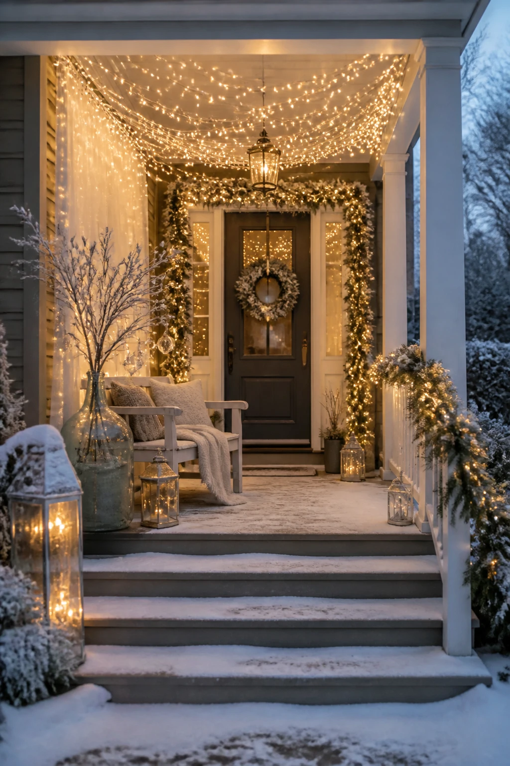 Covered porch glowing with a canopy of warm string lights, lit garland, pale branches, a bench, and lanterns.