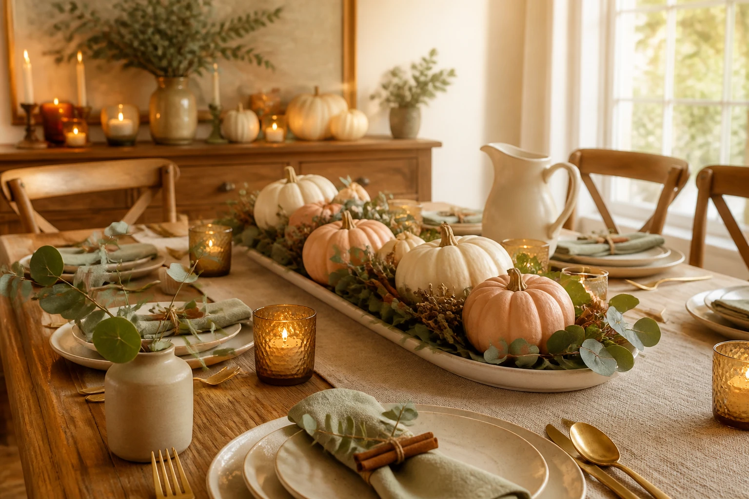 Thanksgiving table with pale pumpkins and eucalyptus in a long tray, amber votives, and cream place settings