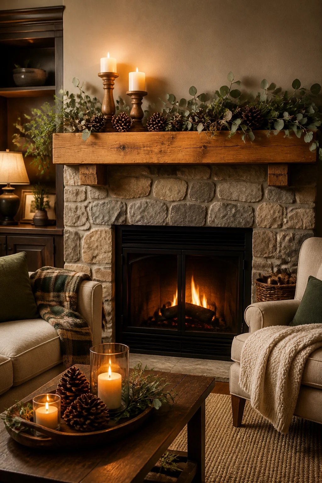 Pinecones and pillar candles on a coffee table beneath a greenery-trimmed stone fireplace