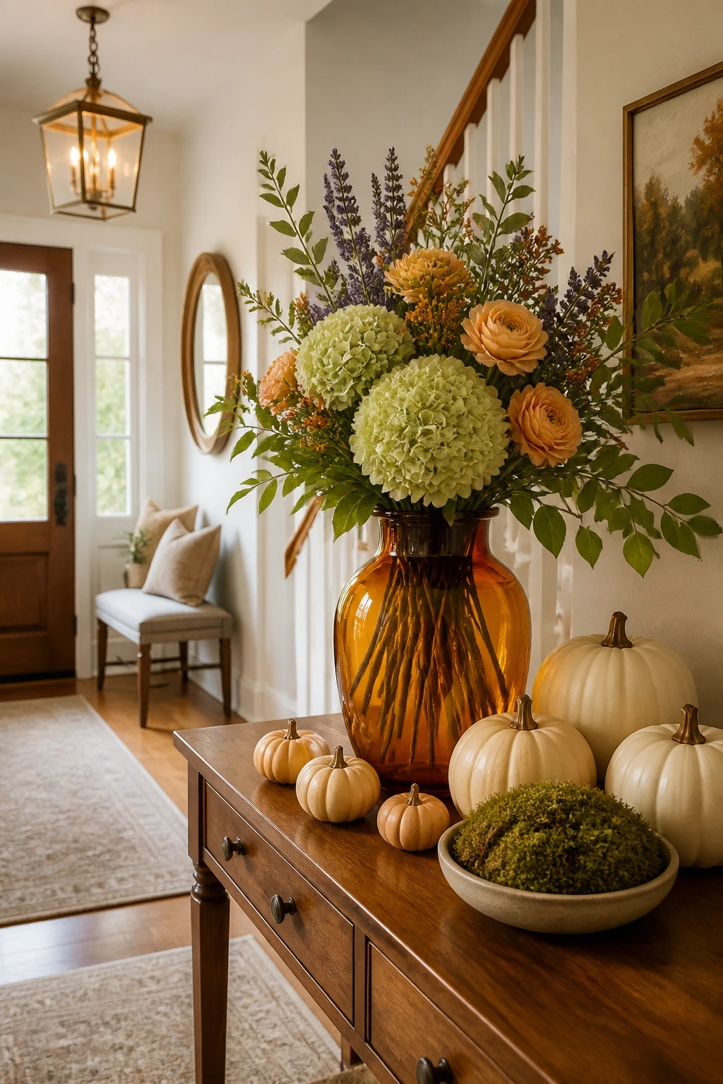 Amber glass vase filled with pale green hydrangeas and orange flowers beside white pumpkins on an entry console