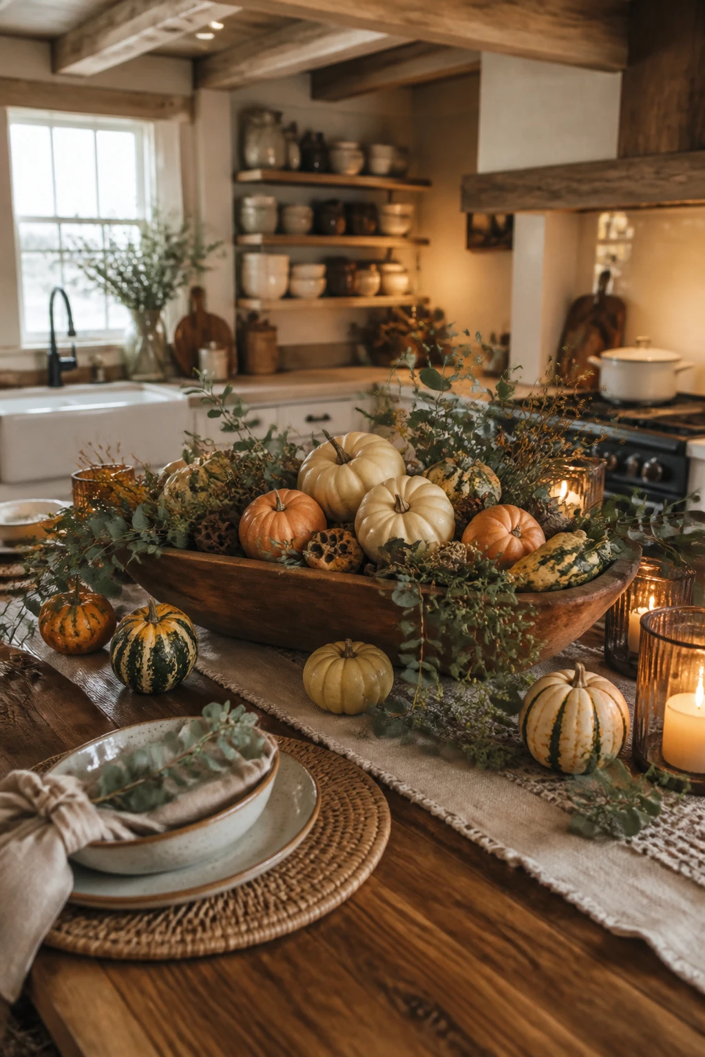Wooden dough bowl filled with mixed pumpkins and greenery on a rustic kitchen dining table