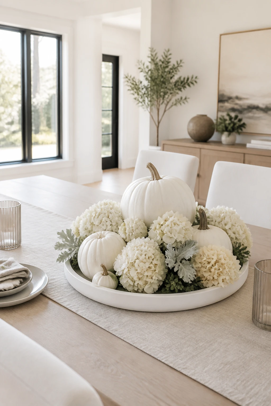White pumpkins and white hydrangea blooms arranged on a round white tray on a pale dining table