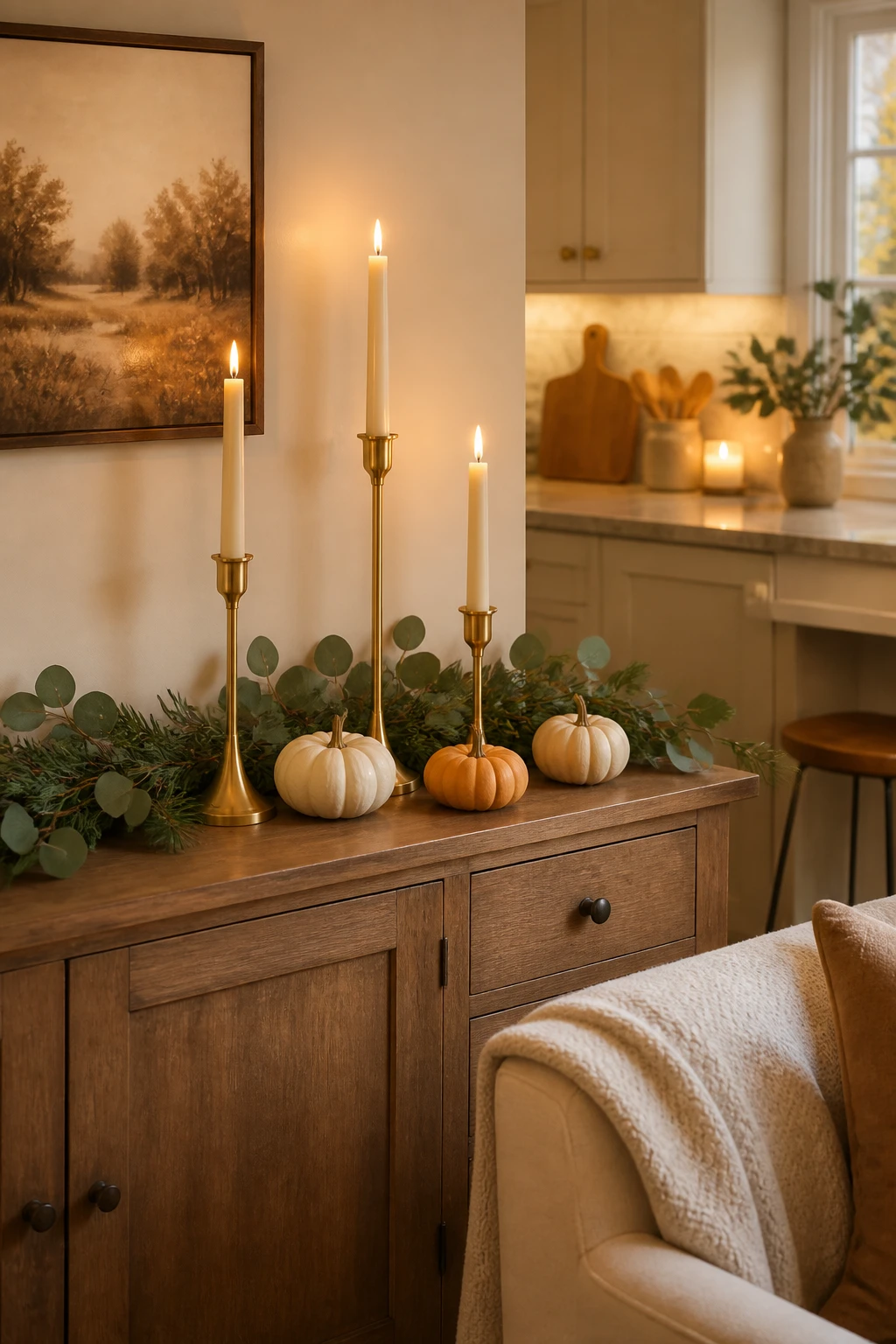 Three brass candlesticks with pale tapers, mini pumpkins, and eucalyptus on a wooden sideboard